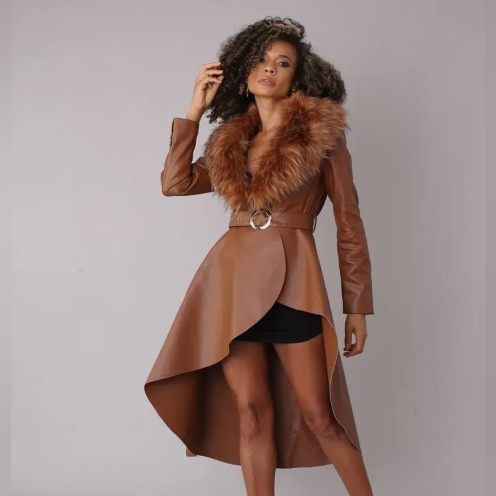 Camila Faux Leather High-Low Coat with Faux Fur Colla Asymmetrical Coat